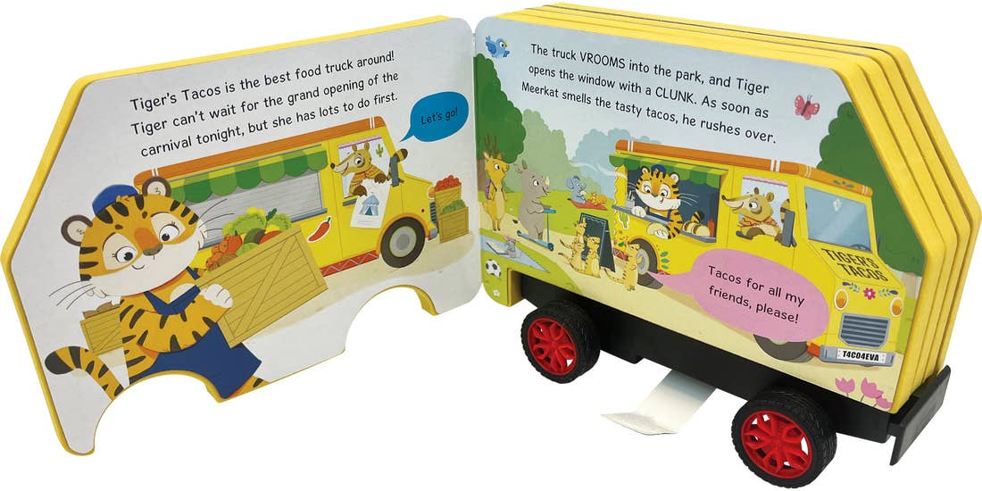 Taco Truck pull-back book opened to show the story pages and wheels