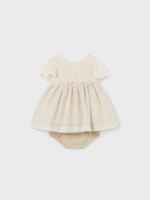 &nbsp;1826 Baby Girl Embroidered Tulle Dress, Natural - Front