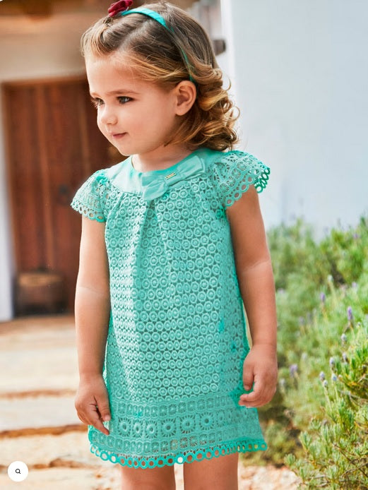 1908 Baby and Toddler Girls Guipure Lace Embroidered Dress - Agate Teal Blue