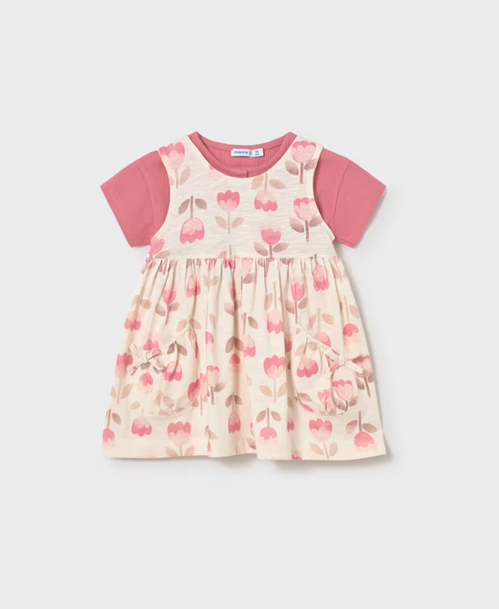 1922 Toddler Girls Eco Cotton Tulip Print Dress w/ Ribbed T-Shirt (S/S Cardigan) - Blush undershirt
