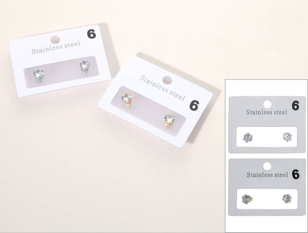 Stainless Steel 6mm Round Rhinestone Stud Earrings - Silver or Gold