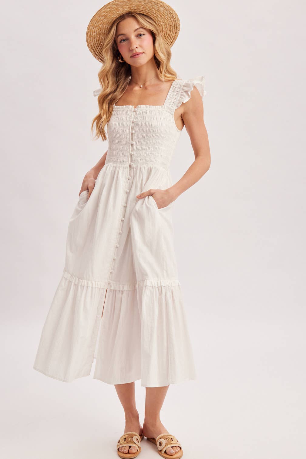 Women's Smocked Square Neck Midi Dress with Hidden Side Pockets - Soft White
