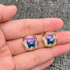 Genuine Pressed Flower 0.6" DIA Studs, 18K Matte Gold Plated, Blue Butterfly