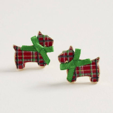 Festive Bow Christmas Plaid Dog Stud Earrings: Red