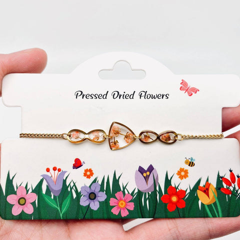 Genuine Pressed Flowers Floral Geometric Charm Golden Bracelet, Sweet Alyssum & Queen Anne's Lace