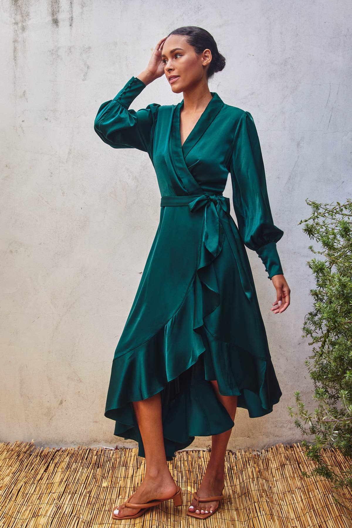Satin Ruffled Midi Wrap Dress - Jewel Tone Emerald M (6-8) Satin Ruffled Midi Wrap Dress - Jewel Tone Emerald M (6-8)