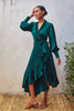 Satin Ruffled Midi Wrap Dress - Jewel Tone Emerald