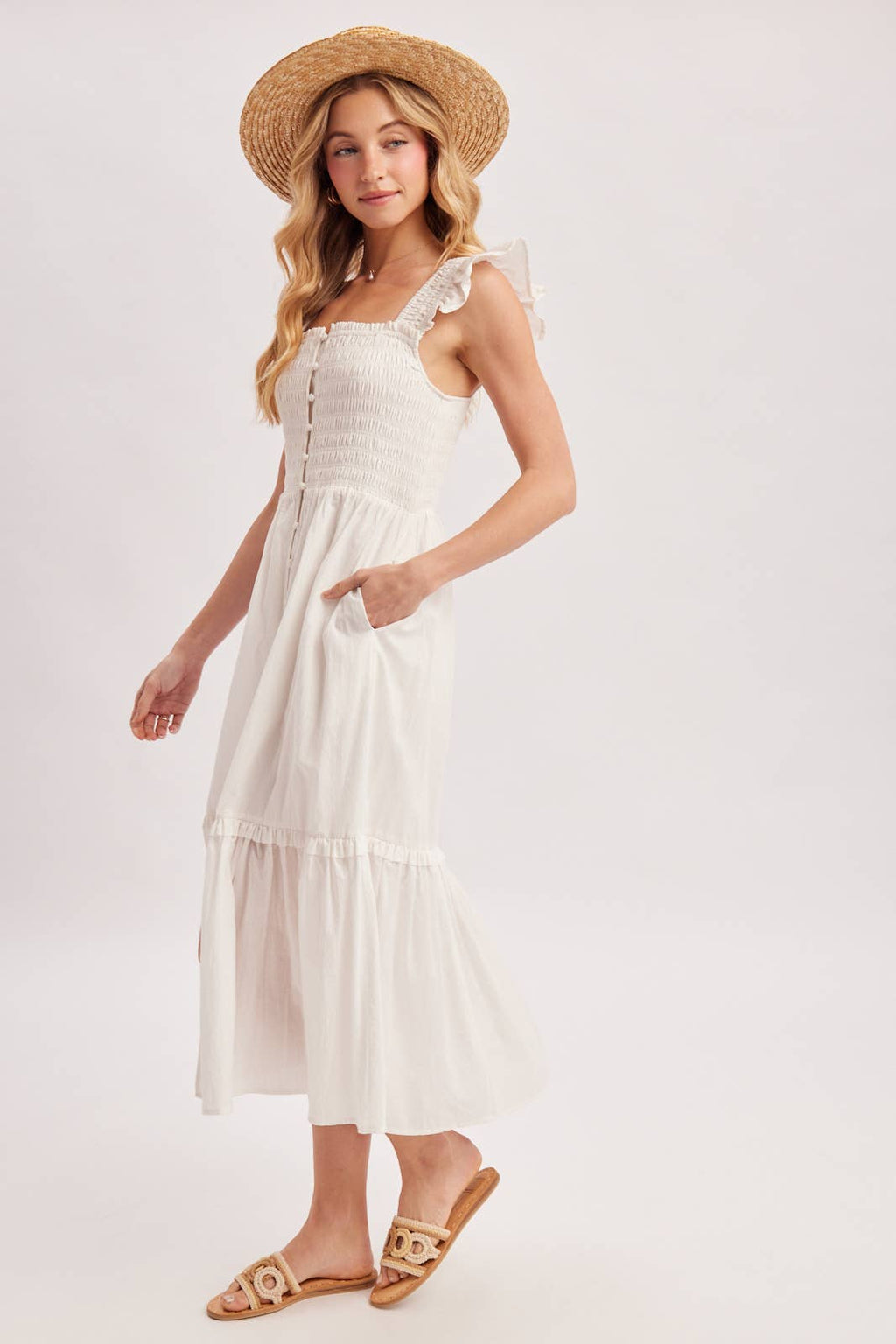 Women's Smocked Square Neck Midi Dress with Hidden Side Pockets - Soft White