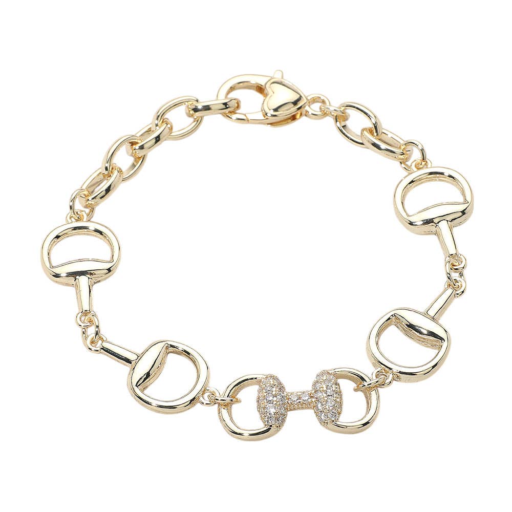 14K Gold Plated CZ Stone Pave Crystal Equestrian Bit Chain Bracelet - Gold