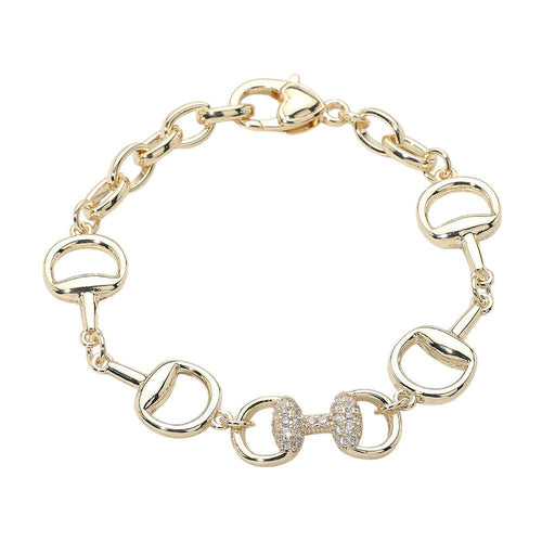 14K Gold Plated CZ Stone Pave Crystal Equestrian Bit Chain Bracelet - Gold