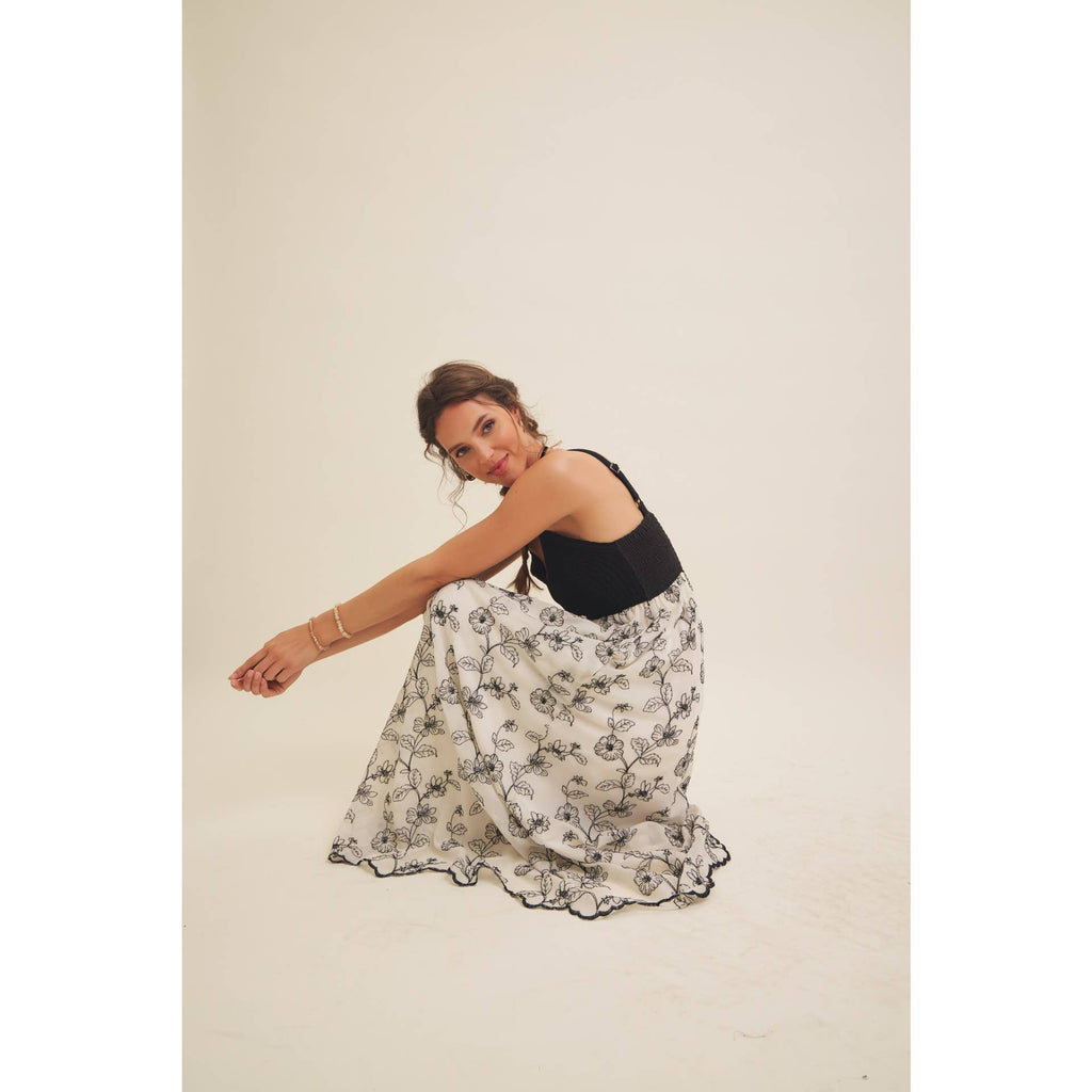 Women's Knit Spaghetti Top Two-fer Embroidered Midi Sun Dress with Pockets, Cream and Black
