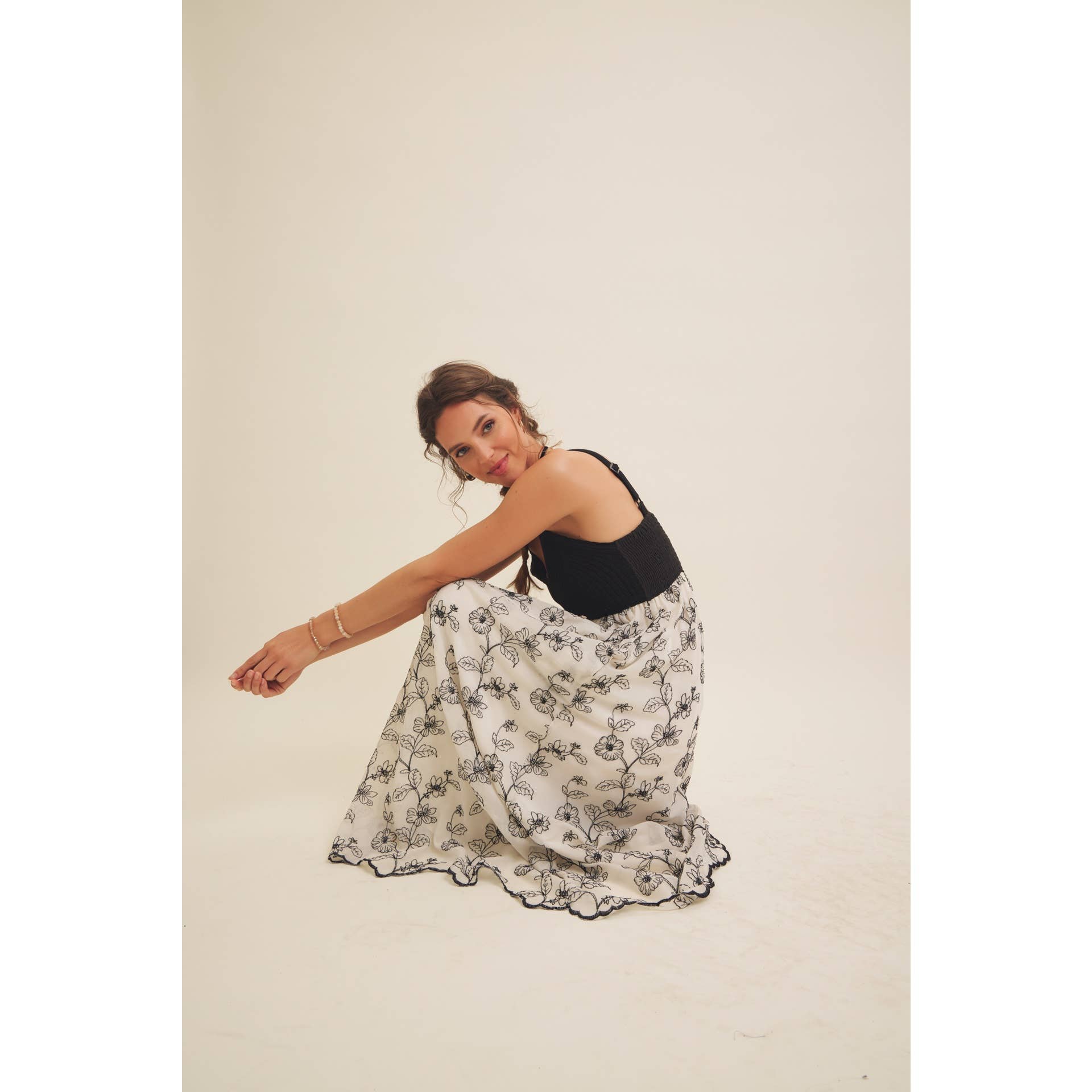Women's Knit Spaghetti Top Two-fer Embroidered Midi Sun Dress with Pockets, Cream and Black