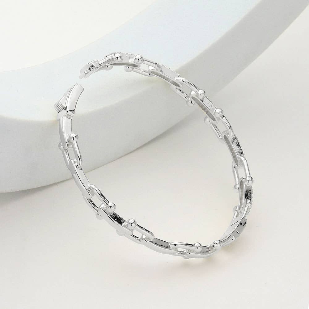 Equestrian CZ Pave Crystal Horseshoe Buckle Hinged Bangle Bracelet: Silver