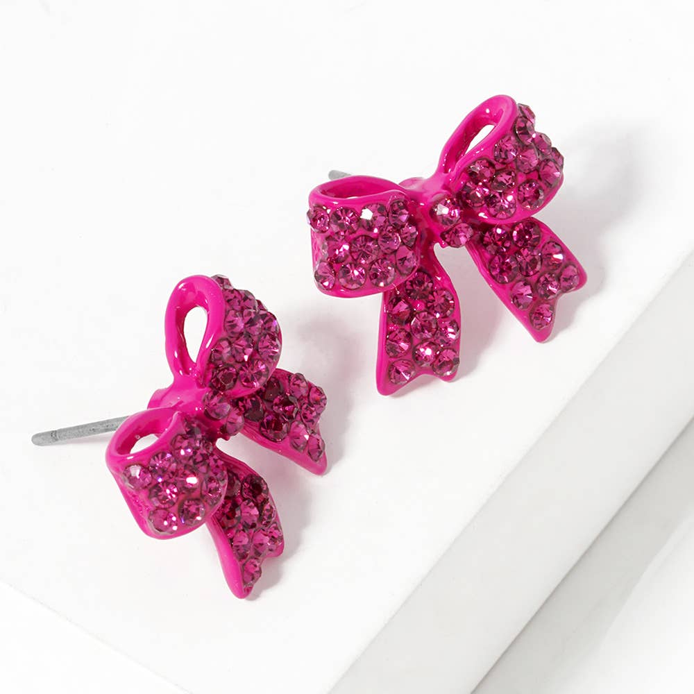 Pave Bow Stud Earrings: Fuchsia Pink Crystallized