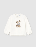 2075 Toddler Girls Eci-Sustainable Cotton L/S 3D Tulle Graphic T-Shirt - Puppy Bow, Cream