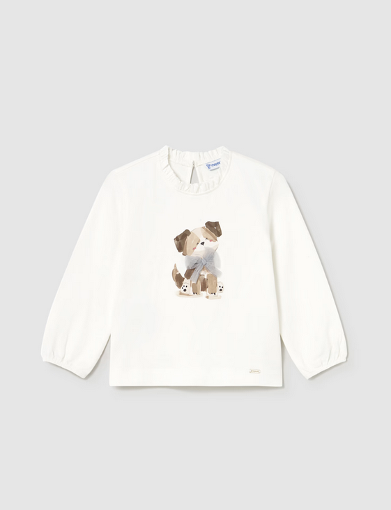 2075 Toddler Girls Eci-Sustainable Cotton L/S 3D Tulle Graphic T-Shirt - Puppy Bow, Cream