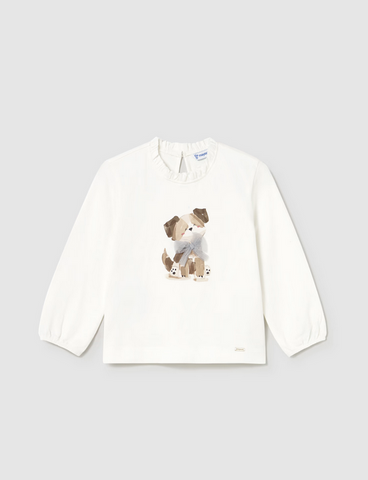 2075 Toddler Girls Eci-Sustainable Cotton L/S 3D Tulle Graphic T-Shirt - Puppy Bow, Cream