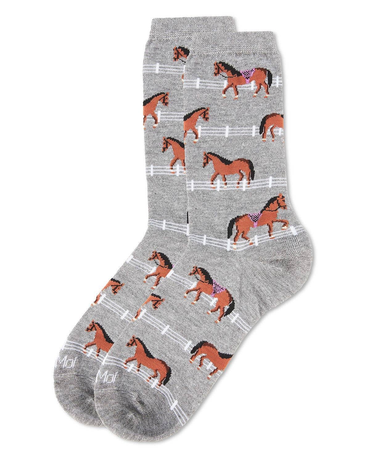 Women's Bamboo Crew Socks - Horse/Pony, Gray Heather, O/S 9-11