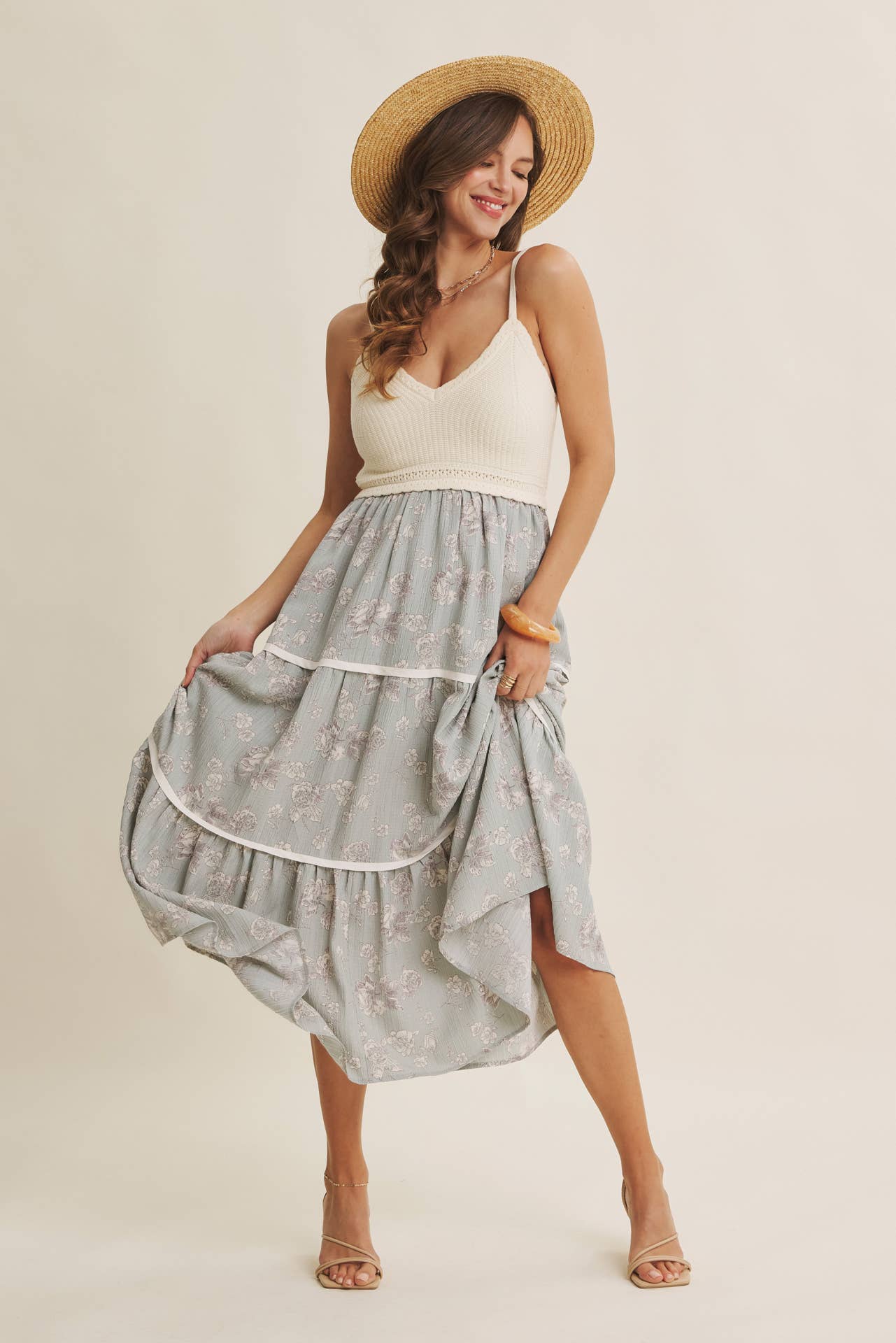 Women's Knit Spaghetti Top Two-fer Midi Sun Dress with Pockets, Ivory and Dusty Blue
