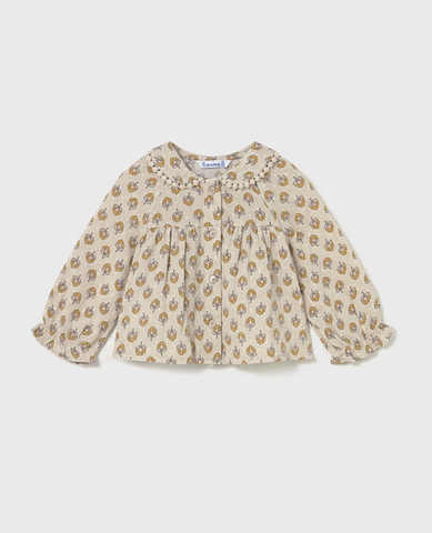 2114 Toddler Girls Eco-Sustainable Cotton L/S Crochet Trim Plumeti Printed Blouse - Honey Mustard