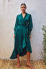 Satin Ruffled Midi Wrap Dress - Jewel Tone Emerald