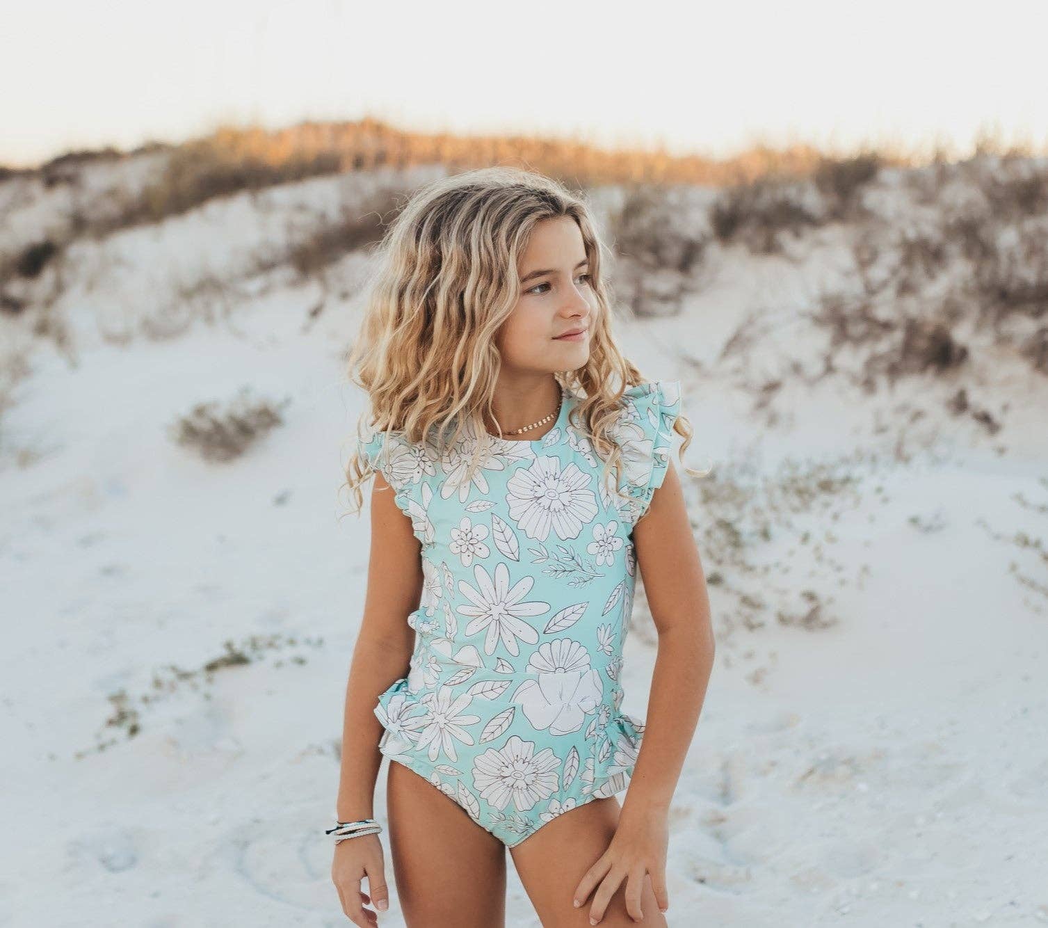 Oopsie Kids Mint Floral Open Back One Piece Ruffle Swimsuit - Mint/White Floral
