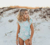 Oopsie Kids Mint Floral Open Back One Piece Ruffle Swimsuit - Mint/White Floral