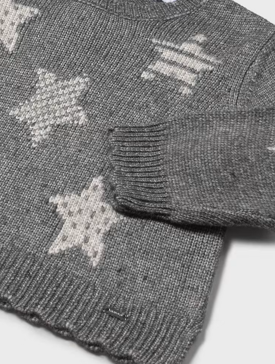 2355 Toddler Girls Eco-Recycled Materials Knit Sweater - Lead Grey Star Scalloped Details