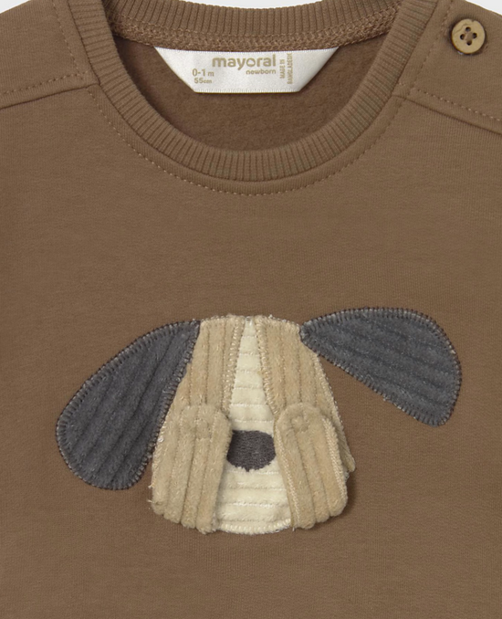 Mayoral baby peek-a-boo puppy crewneck sweatshirt, brown, view 3