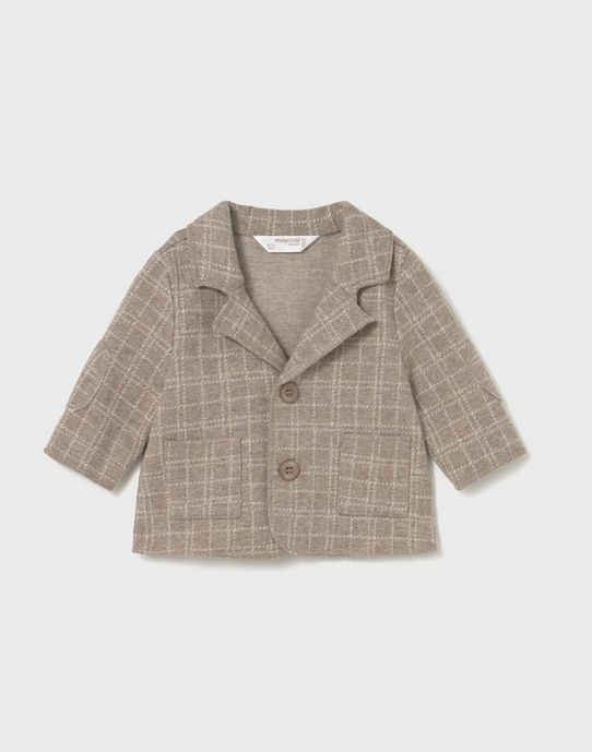 Mayoral baby boy formal check blazer with elbow pads, sesame tan, front view