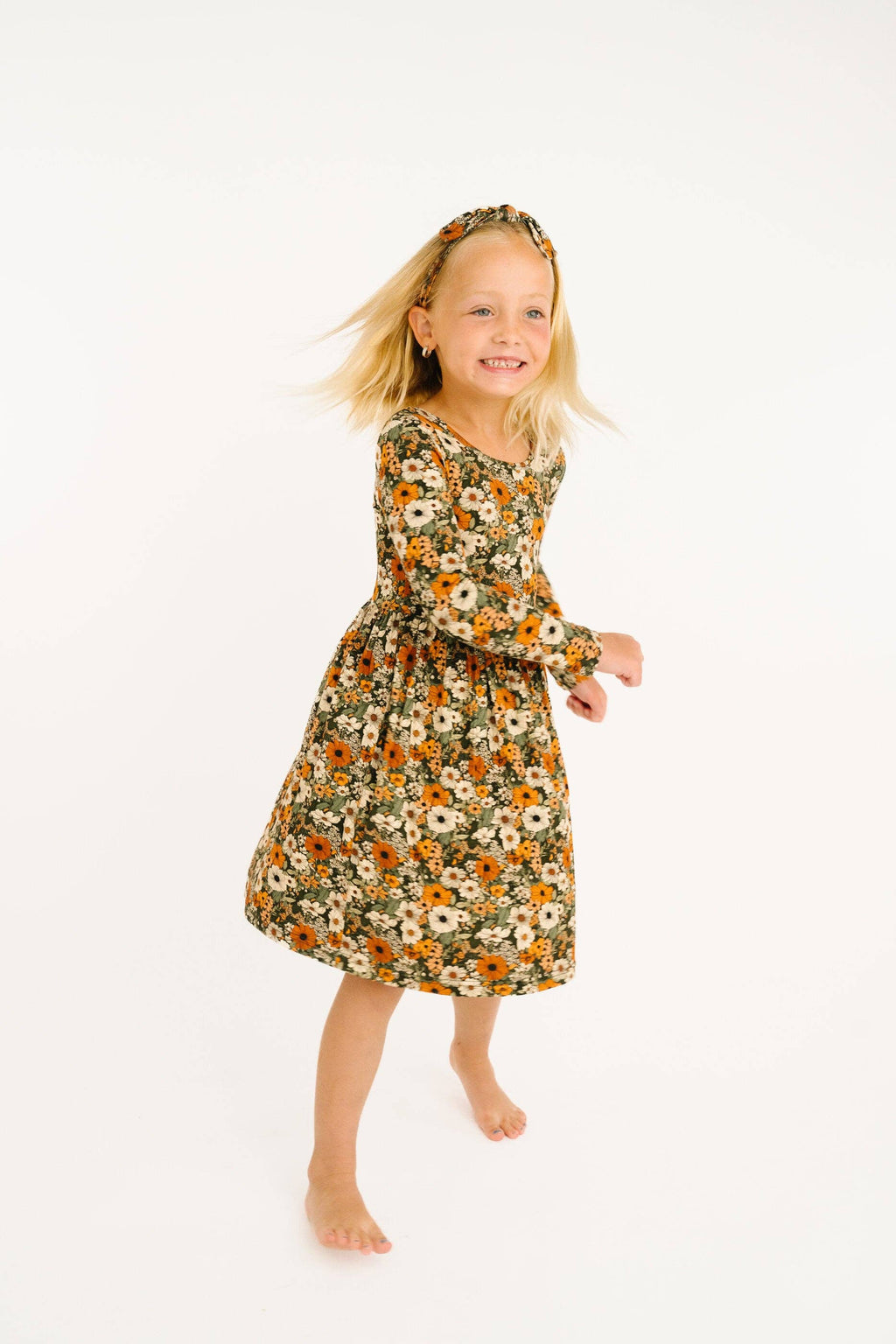 Bamboo L/S Twirl Dress - Green & Burnt Orange, Rustic Blooms