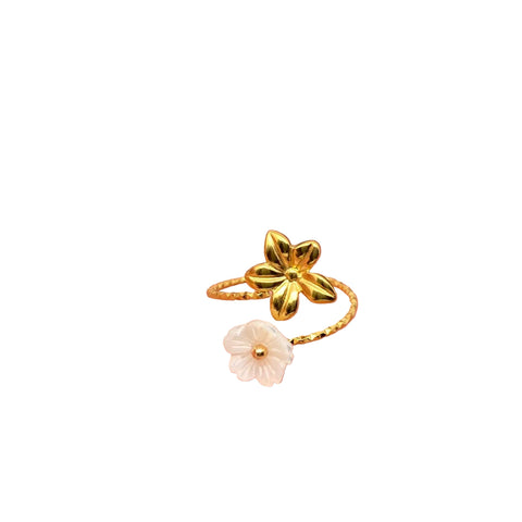 Stainless Steel Adjustable Ring, Double Flower 18K Gold Plated