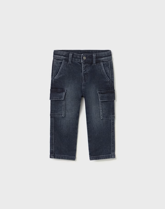 Mayoral toddler boy soft denim cargo pants, dark blue black wash, front view