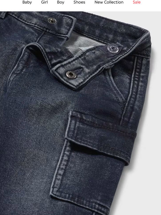 Mayoral toddler boy soft denim cargo pants, dark blue black wash, view 3