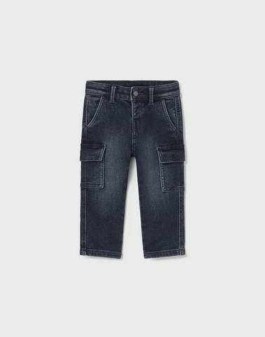2505 Toddler Boy Soft Denim Cargo Pants - Dark Blue Black Wash