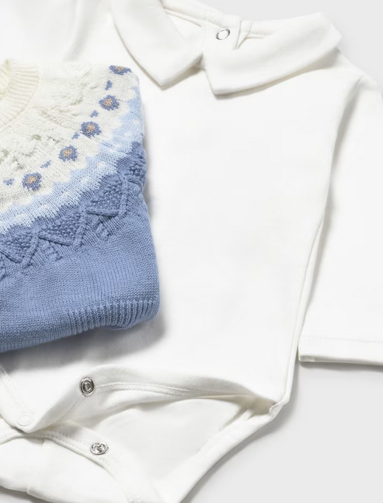 Mayoral baby boy heirloom knit cardigan, pants, collared bodysuit 3 piece set, cloud blue, view 2