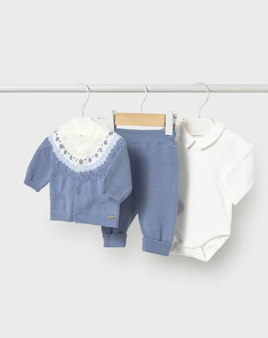 Mayoral baby boy heirloom knit cardigan, pants, collared bodysuit 3 piece set, cloud blue, front view