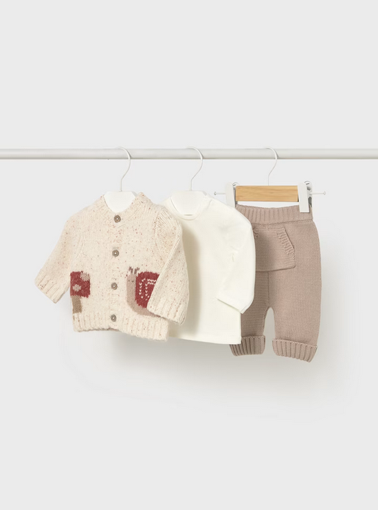 Mayoral baby knit 3 piece set, oatmeal cardigan, kangaroo pants and long sleeve t-shirt, snail and mushroom, front view