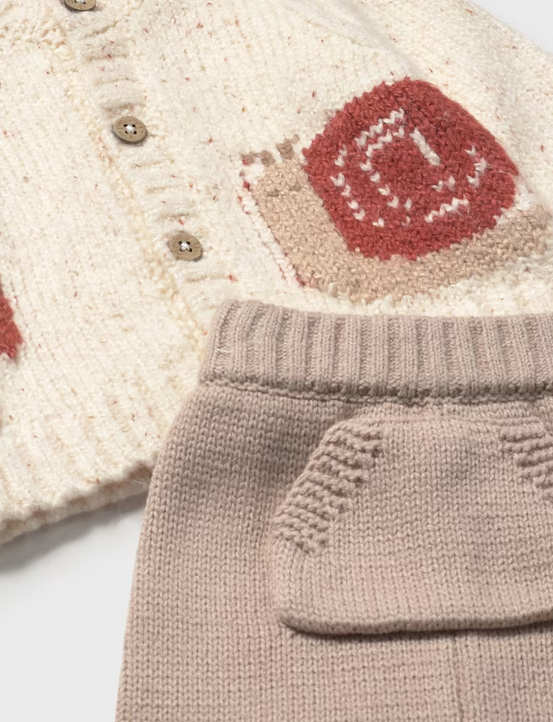 2571 Baby UNISEX Knit 3PC Set, Oatmeal Cardigan, Kangaroo Pants and L/S TShirt, Snail and Mushroom knit
