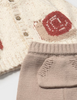 2571 Baby UNISEX Knit 3PC Set, Oatmeal Cardigan, Kangaroo Pants and L/S TShirt, Snail and Mushroom knit
