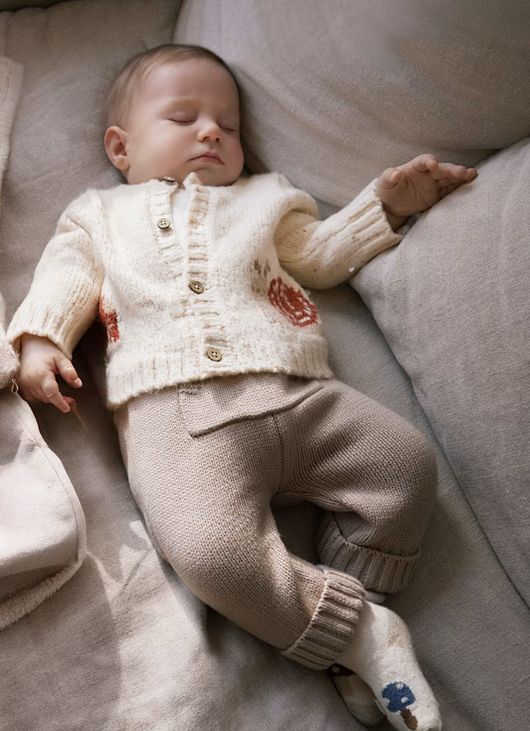 2571 Baby UNISEX Knit 3PC Set, Oatmeal Cardigan, Kangaroo Pants and L/S TShirt model baby