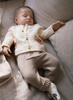 2571 Baby UNISEX Knit 3PC Set, Oatmeal Cardigan, Kangaroo Pants and L/S TShirt model baby