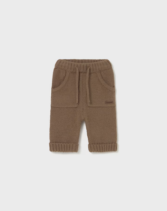 Mayoral baby kangaroo pocket knit soft plush pants, brown, front view
