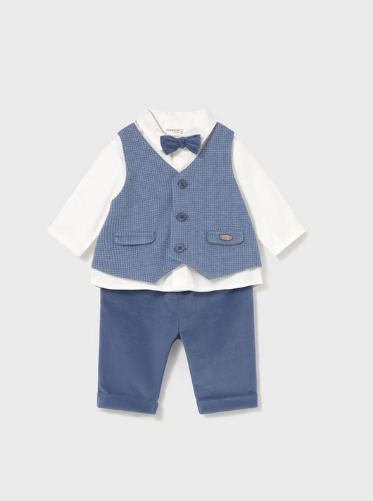 Mayoral baby boy eco-sustainable cotton 3 piece formal vest, velvet bow and trouser set, artic blue, front view