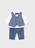 2581 Baby Boy Eco-Sustainable Cotton 3PC Formal Vest, Velvet Bow and Trouser Set - Artic Blue