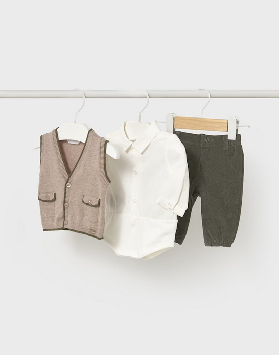Mayoral baby boy 3 piece dress up set, knit vest, collared long sleeve bodysuit, and corduroy pants set, forest green, front view