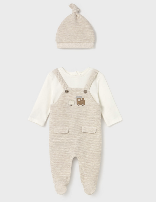 Mayoral baby boy long sleeve accordion stretch footie & beanie set, milk train, front view