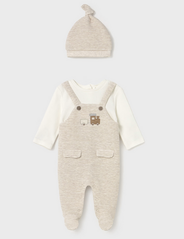 2609 Baby Boy Eco-Cotton L/S Accordion Stretch Footie & Beanie Set - Milk Train