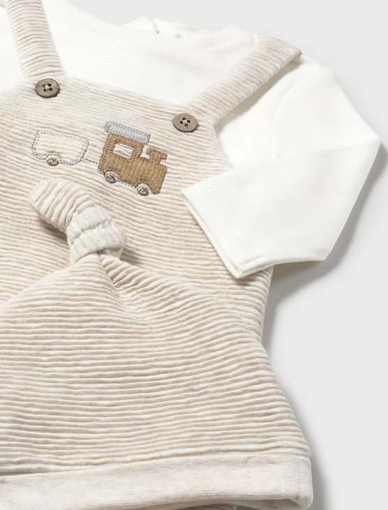 2609 Baby Boy Eco-Cotton L/S Accordion Stretch Footie & Beanie Set - Milk Train, tan