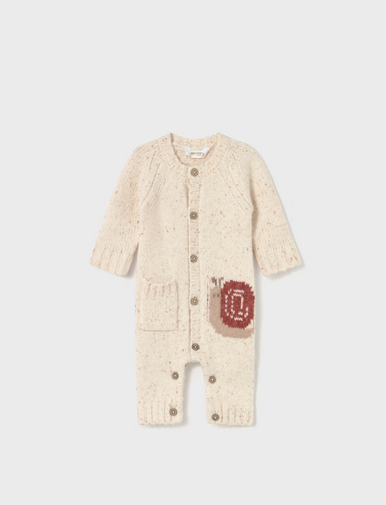 Mayoral baby heirloom knit button one piece romper, oatmeal snail, front view